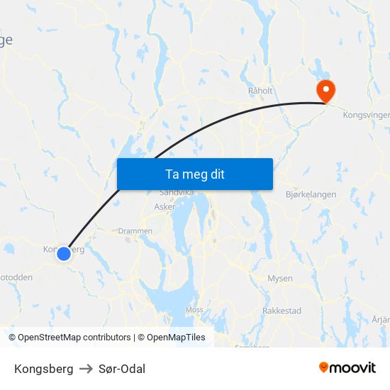 Kongsberg to Sør-Odal map
