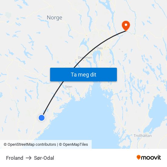 Froland to Sør-Odal map