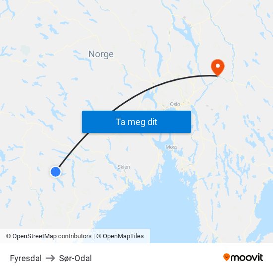 Fyresdal to Sør-Odal map