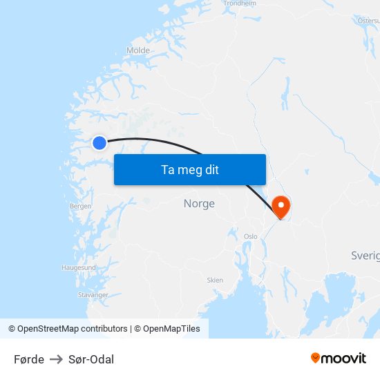 Førde to Sør-Odal map
