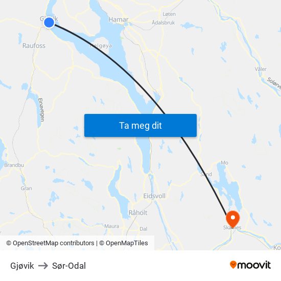 Gjøvik to Sør-Odal map