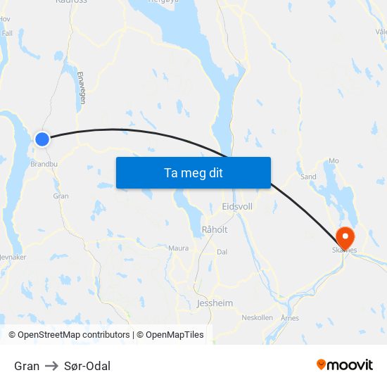 Gran to Sør-Odal map