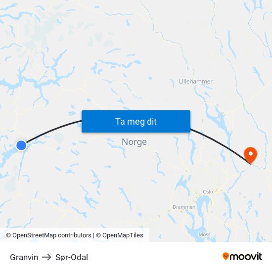 Granvin to Sør-Odal map