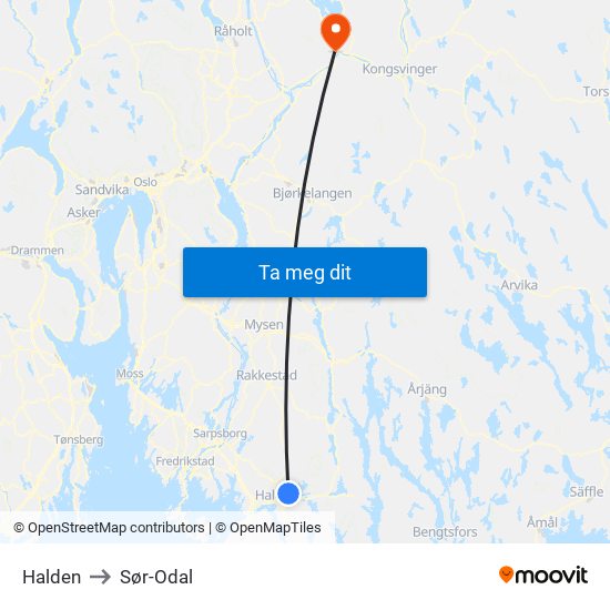 Halden to Sør-Odal map