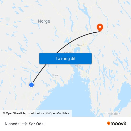 Nissedal to Sør-Odal map