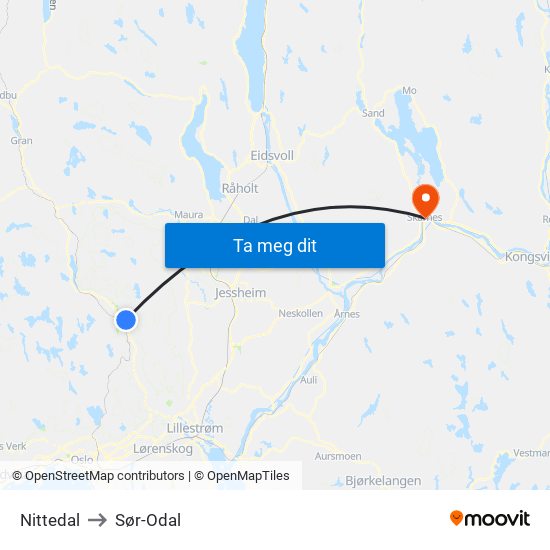 Nittedal to Sør-Odal map