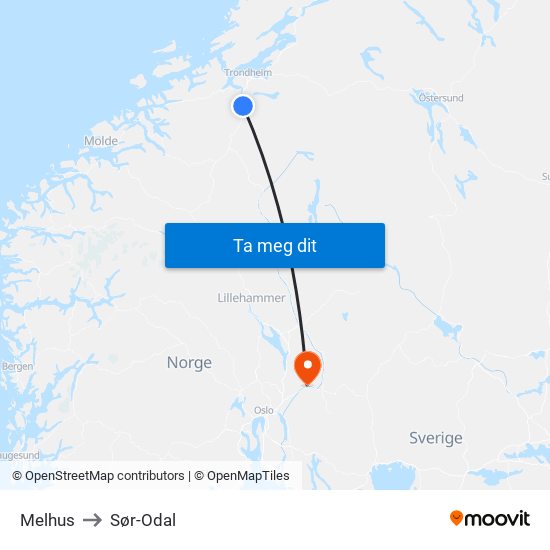 Melhus to Sør-Odal map