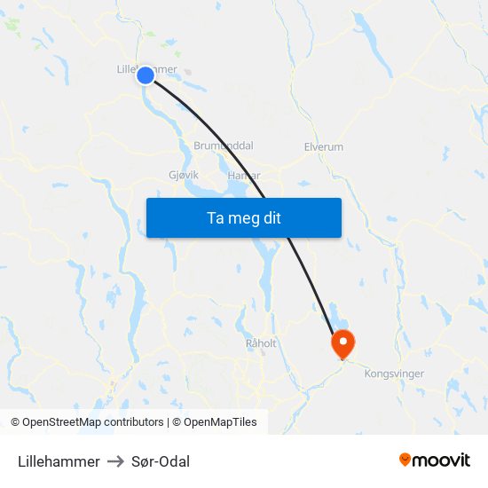 Lillehammer to Sør-Odal map