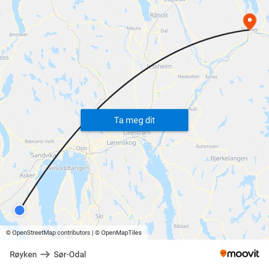 Røyken to Sør-Odal map