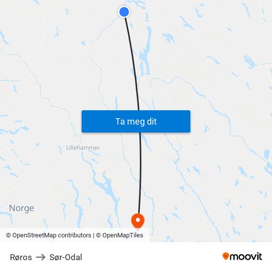 Røros to Sør-Odal map