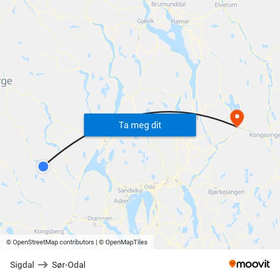 Sigdal to Sør-Odal map
