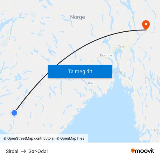 Sirdal to Sør-Odal map