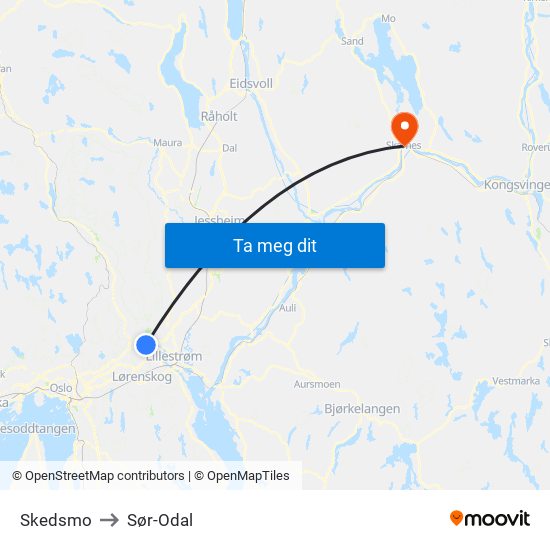 Skedsmo to Sør-Odal map