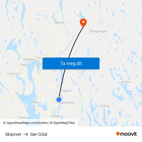 Skiptvet to Sør-Odal map