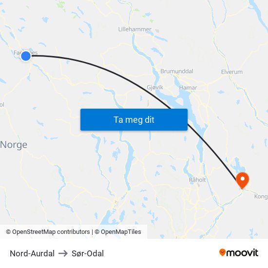 Nord-Aurdal to Sør-Odal map