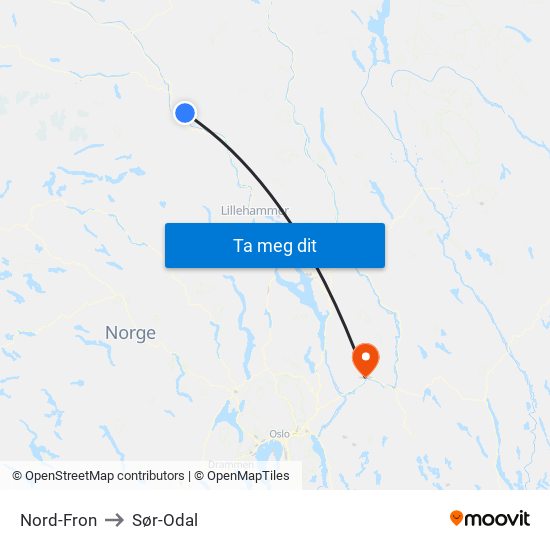 Nord-Fron to Sør-Odal map