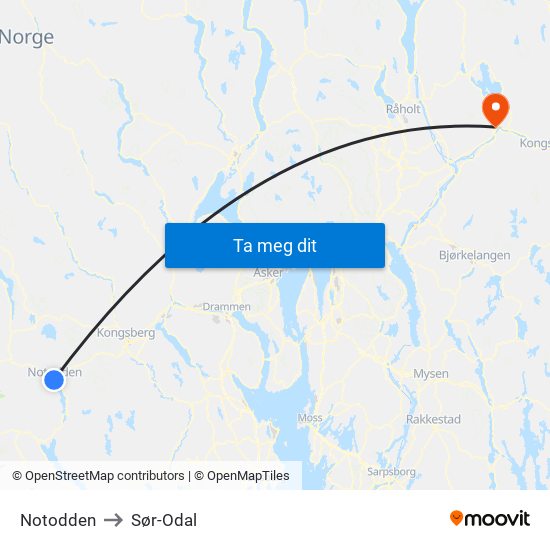 Notodden to Sør-Odal map