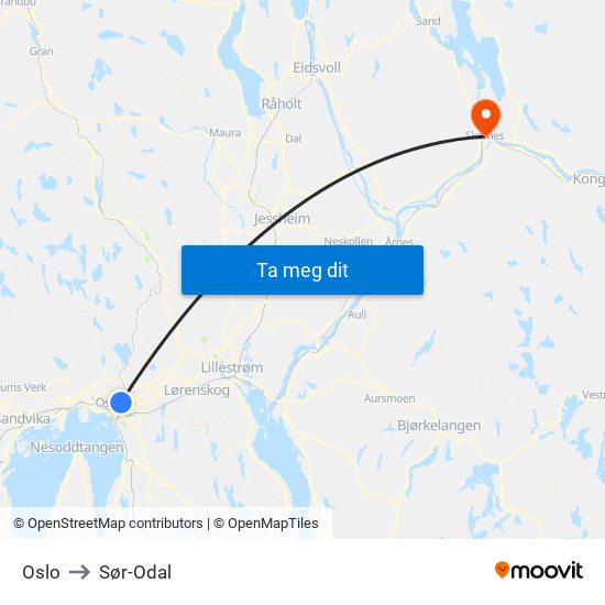 Oslo to Sør-Odal map