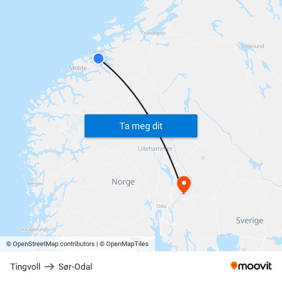 Tingvoll to Sør-Odal map