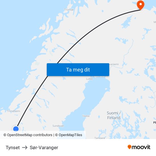 Tynset to Sør-Varanger map