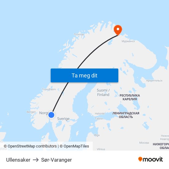 Ullensaker to Sør-Varanger map