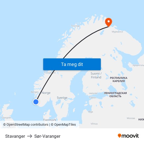 Stavanger to Sør-Varanger map