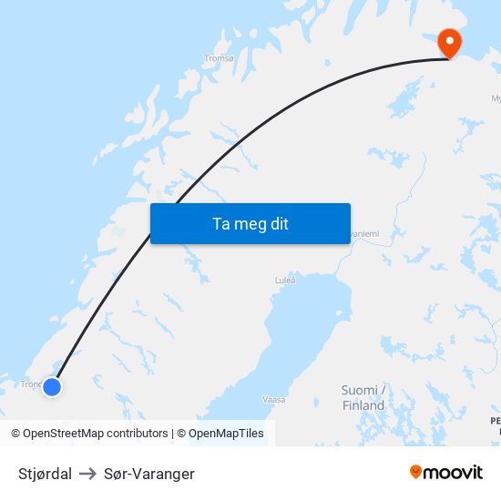 Stjørdal to Sør-Varanger map