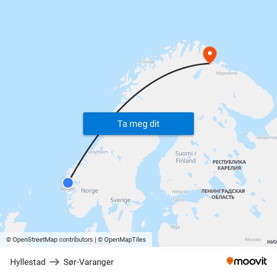 Hyllestad to Sør-Varanger map