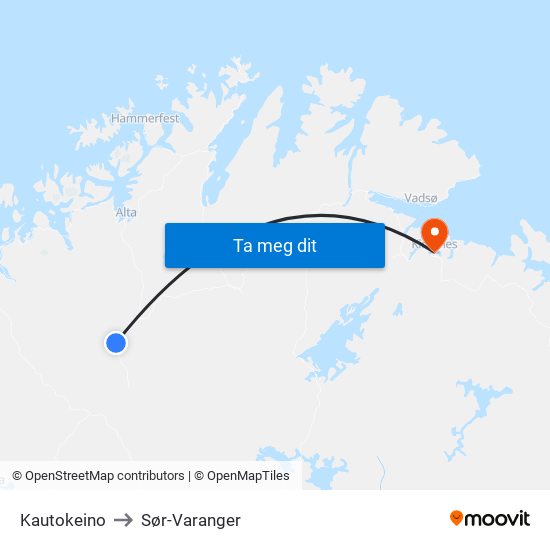 Kautokeino to Sør-Varanger map