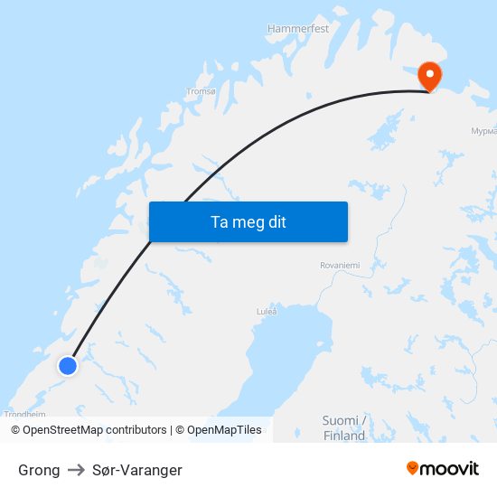 Grong to Sør-Varanger map