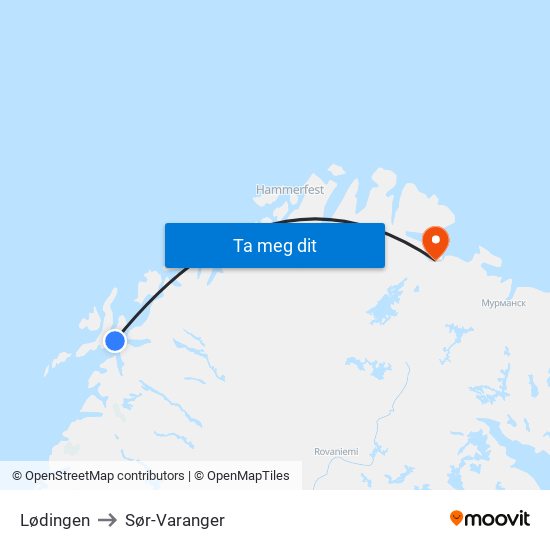 Lødingen to Sør-Varanger map