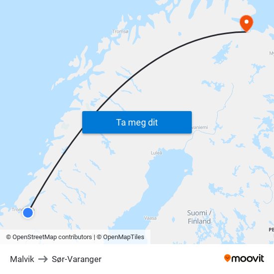 Malvik to Sør-Varanger map