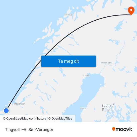 Tingvoll to Sør-Varanger map