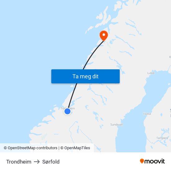Trondheim to Sørfold map