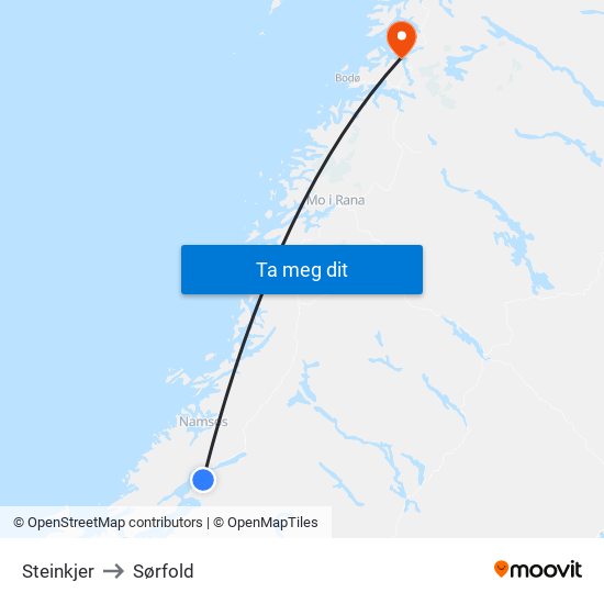 Steinkjer to Sørfold map