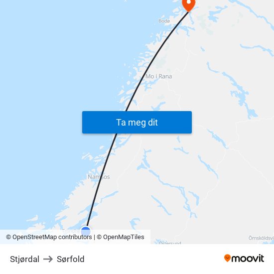 Stjørdal to Sørfold map