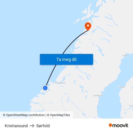 Kristiansund to Sørfold map