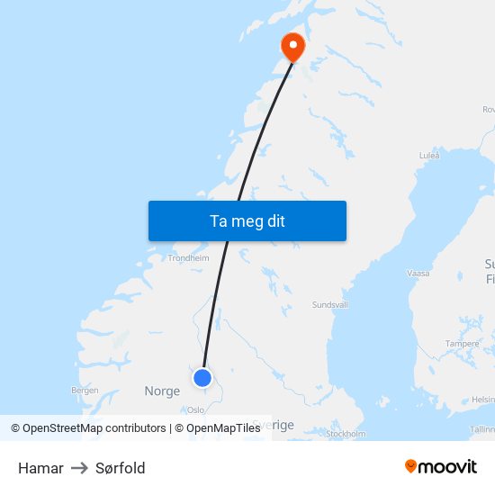 Hamar to Sørfold map