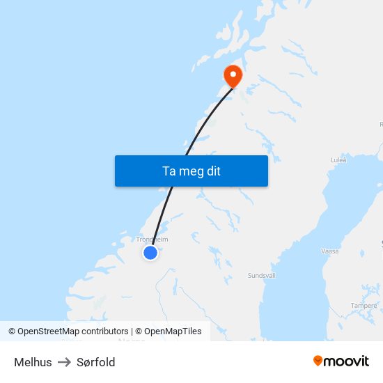 Melhus to Sørfold map