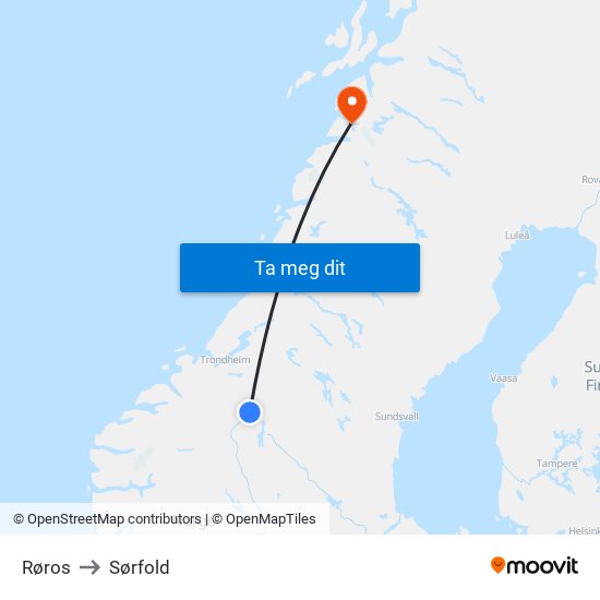Røros to Sørfold map
