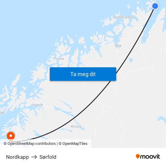 Nordkapp to Sørfold map