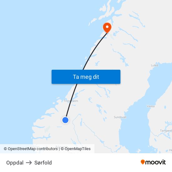 Oppdal to Sørfold map