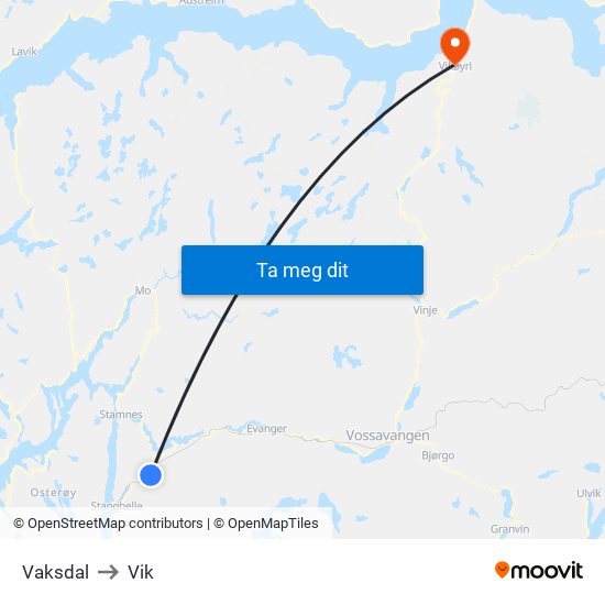 Vaksdal to Vik map