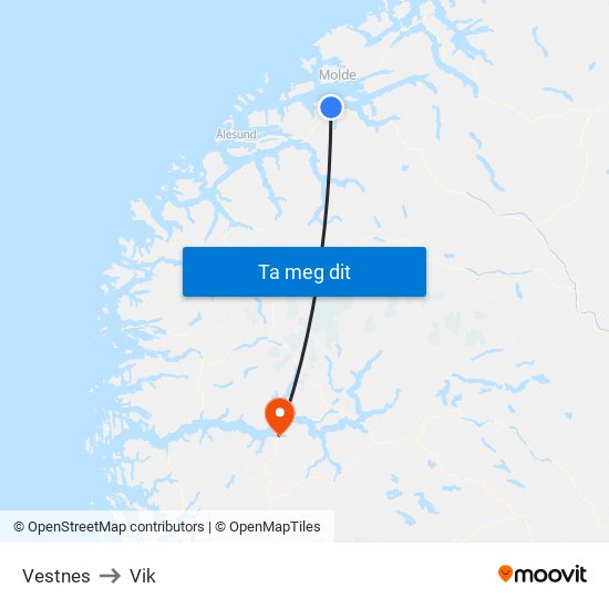 Vestnes to Vik map