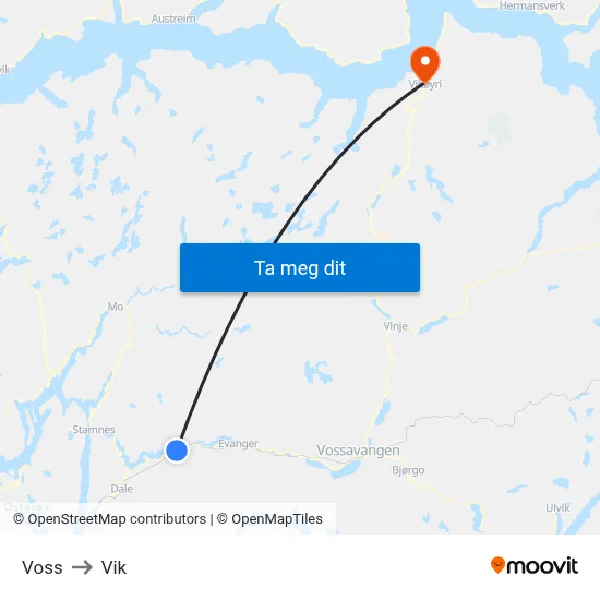 Voss to Vik map