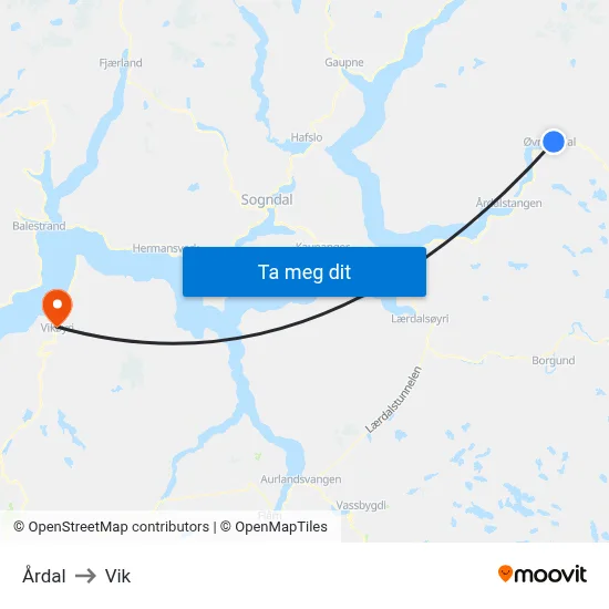 Årdal to Vik map