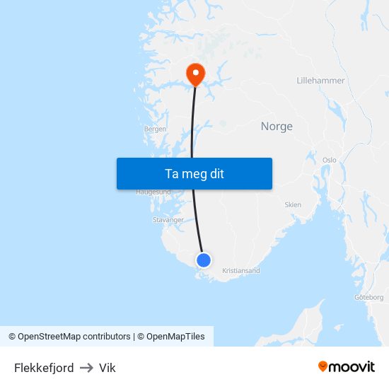 Flekkefjord to Vik map