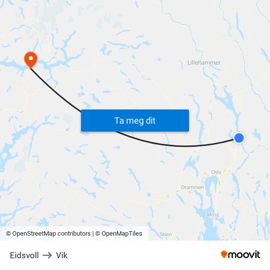 Eidsvoll to Vik map