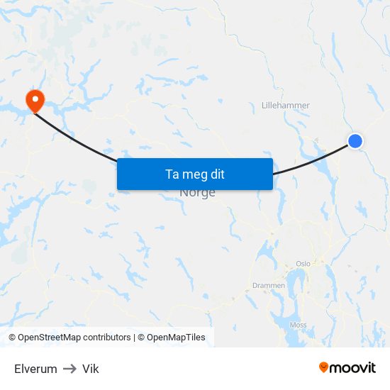 Elverum to Vik map