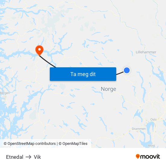 Etnedal to Vik map